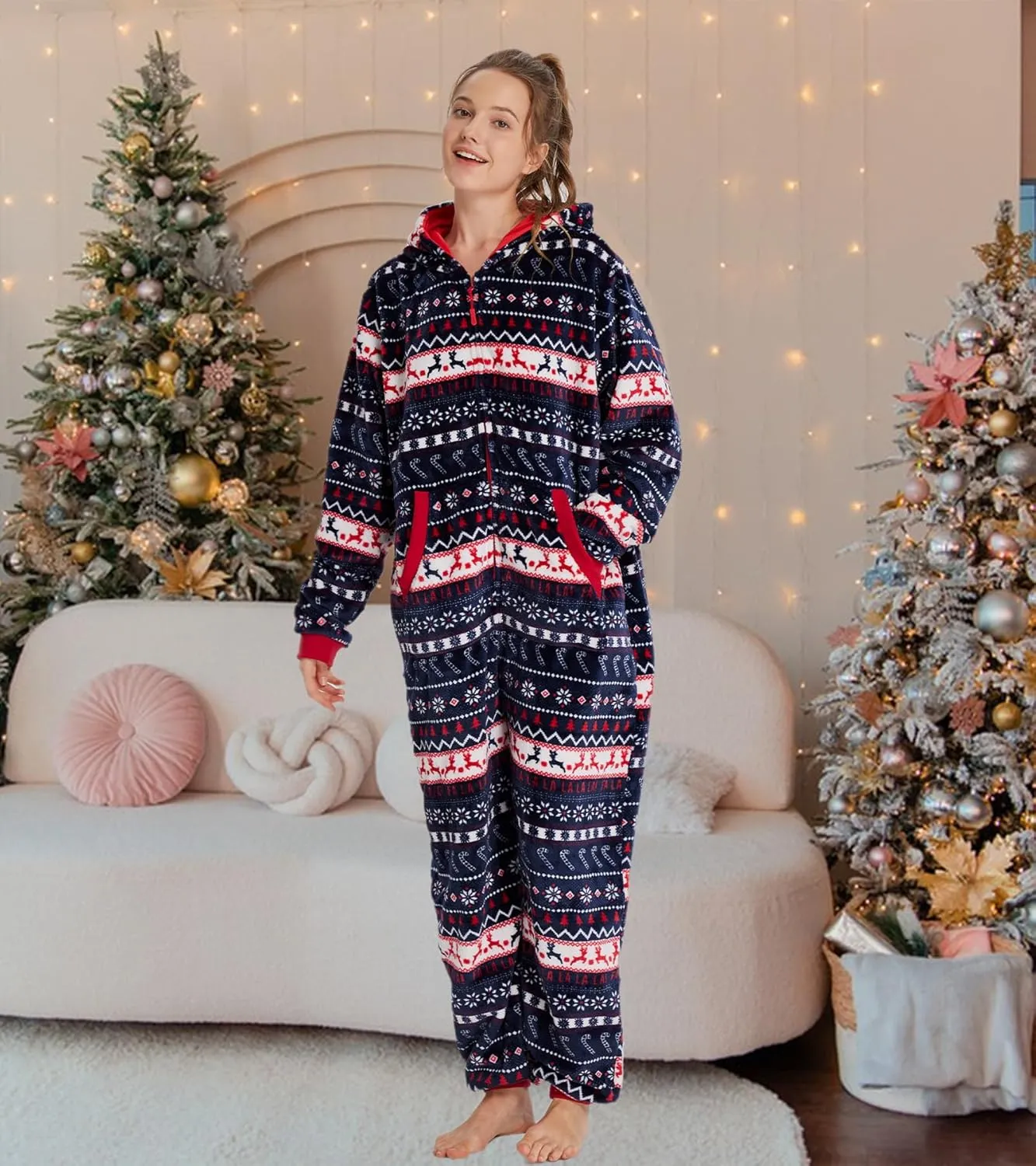 Unisex Christmas Onesie Pajamas Hooded Comfy Flannel Zipper One Piece Sleepwear Matching Jumpsuit for Family Couples