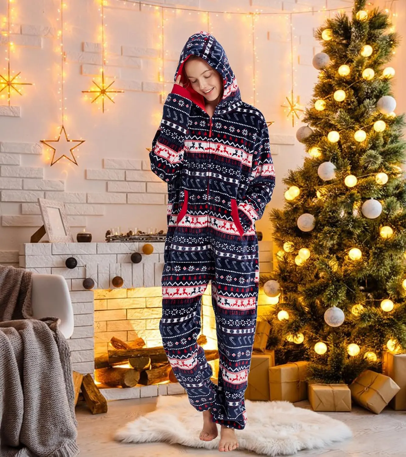 Unisex Christmas Onesie Pajamas Hooded Comfy Flannel Zipper One Piece Sleepwear Matching Jumpsuit for Family Couples