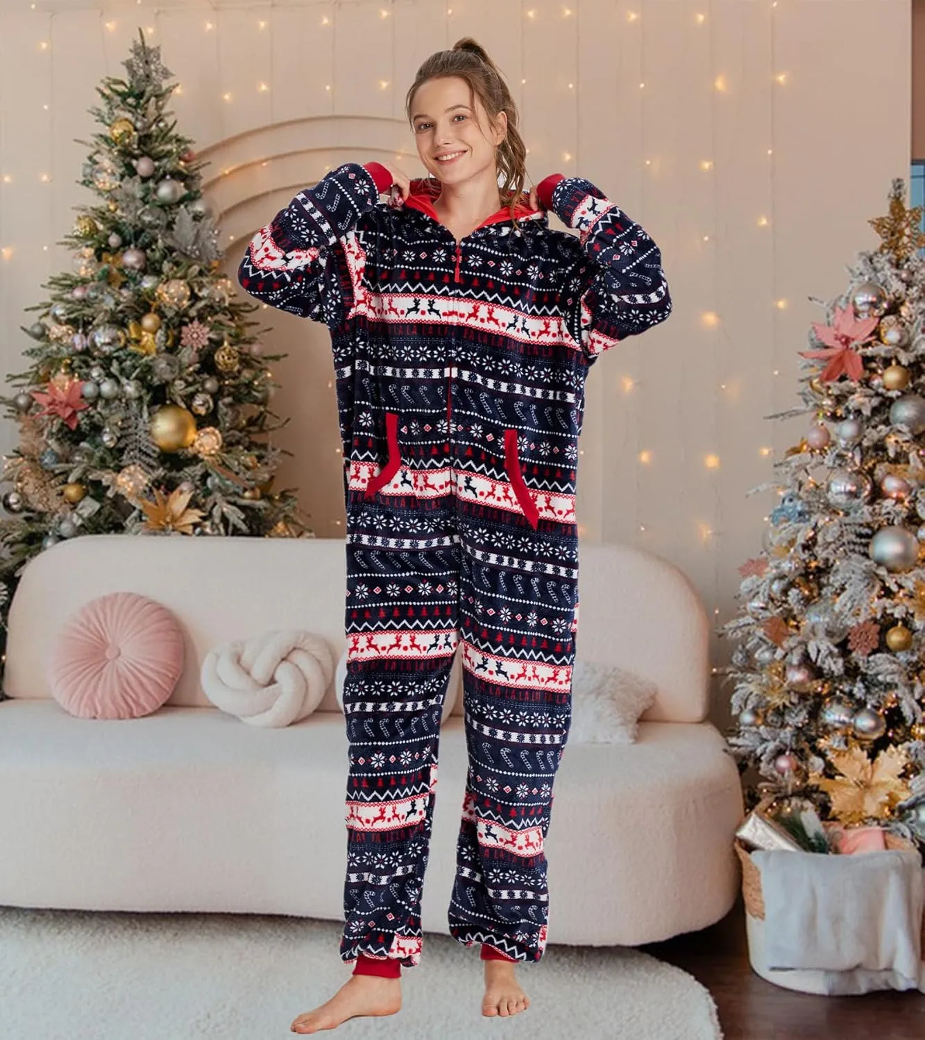 Unisex Christmas Onesie Pajamas Hooded Comfy Flannel Zipper One Piece Sleepwear Matching Jumpsuit for Family Couples