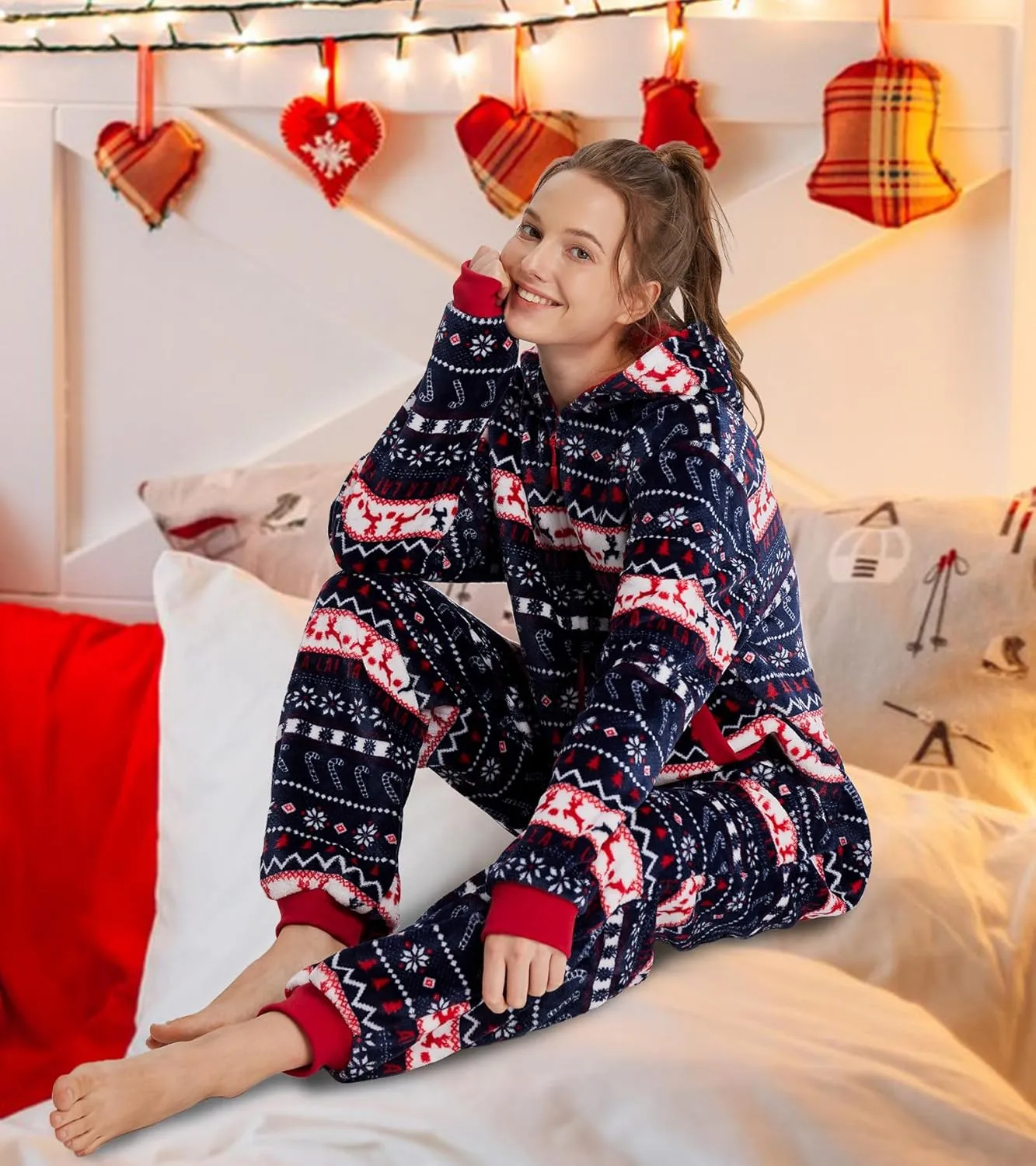 Unisex Christmas Onesie Pajamas Hooded Comfy Flannel Zipper One Piece Sleepwear Matching Jumpsuit for Family Couples
