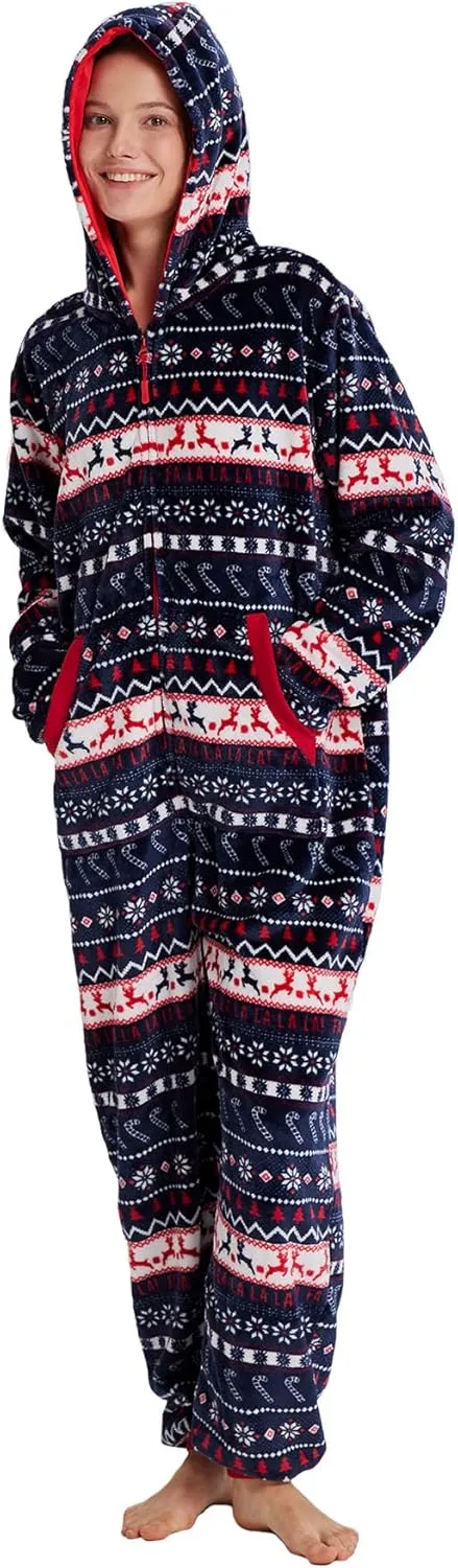 Unisex Christmas Onesie Pajamas Hooded Comfy Flannel Zipper One Piece Sleepwear Matching Jumpsuit for Family Couples