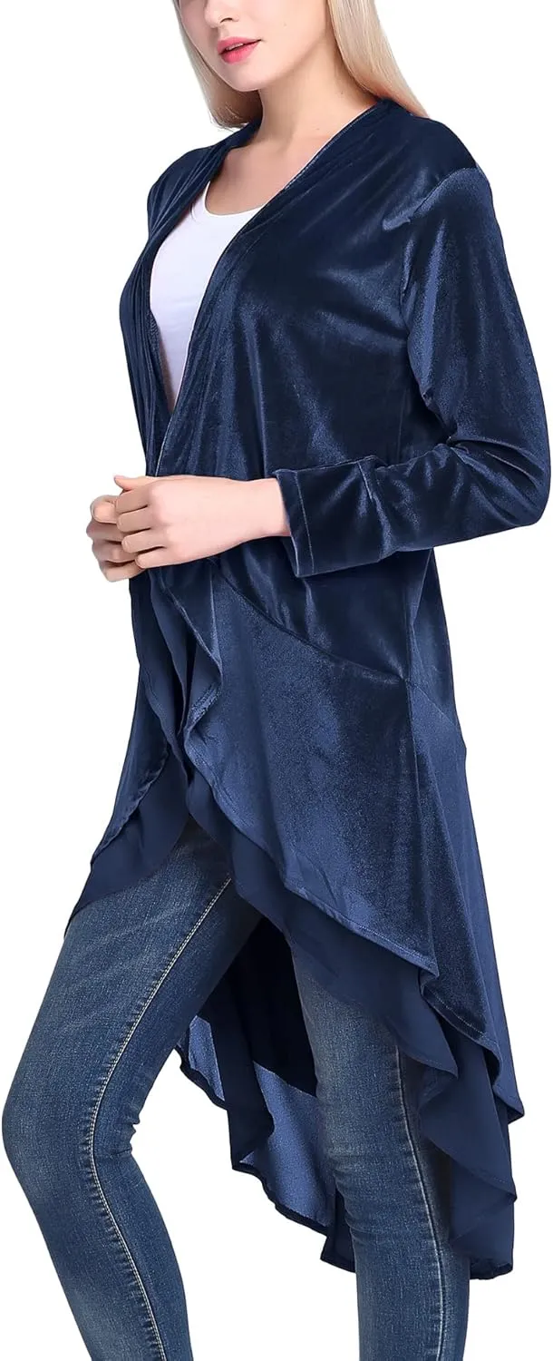 Urban CoCo Women's Long Sleeve Velvet Cardigan Coat with Asymmetric Chiffon Hem
