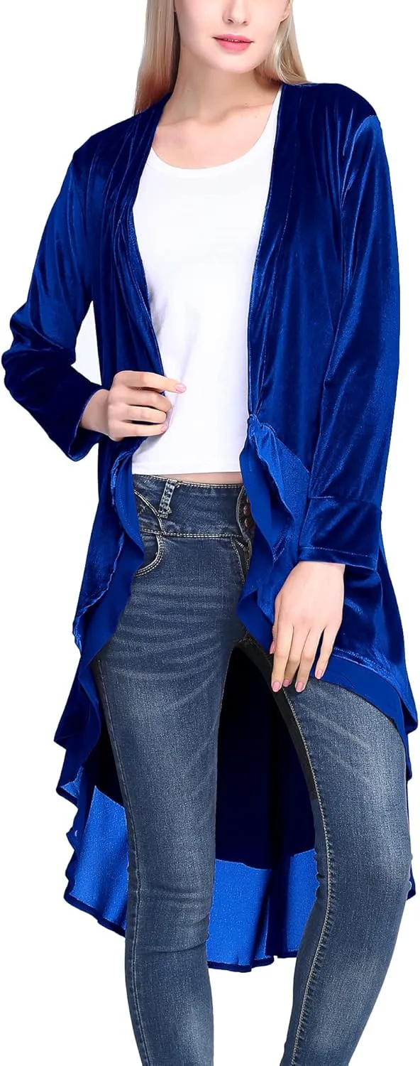 Urban CoCo Women's Long Sleeve Velvet Cardigan Coat with Asymmetric Chiffon Hem