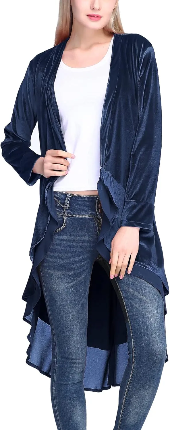 Urban CoCo Women's Long Sleeve Velvet Cardigan Coat with Asymmetric Chiffon Hem