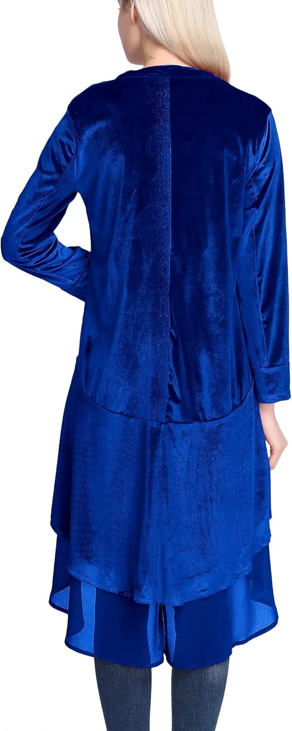 Urban CoCo Women's Long Sleeve Velvet Cardigan Coat with Asymmetric Chiffon Hem