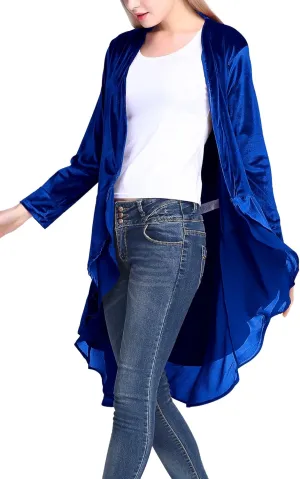 Urban CoCo Women's Long Sleeve Velvet Cardigan Coat with Asymmetric Chiffon Hem