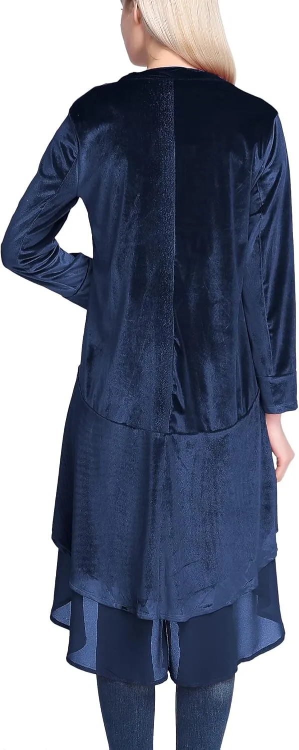 Urban CoCo Women's Long Sleeve Velvet Cardigan Coat with Asymmetric Chiffon Hem