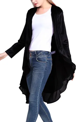 Urban CoCo Women's Long Sleeve Velvet Cardigan Coat with Asymmetric Chiffon Hem