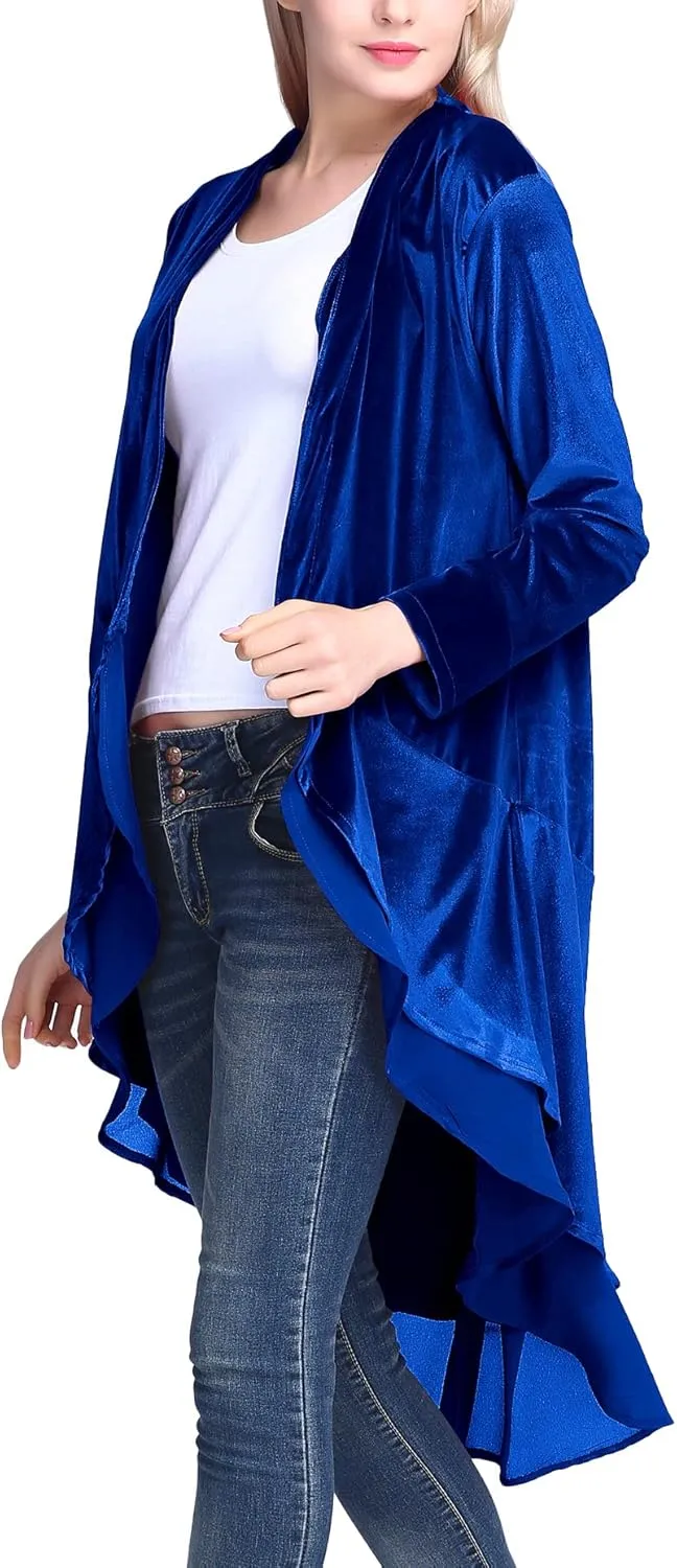 Urban CoCo Women's Long Sleeve Velvet Cardigan Coat with Asymmetric Chiffon Hem
