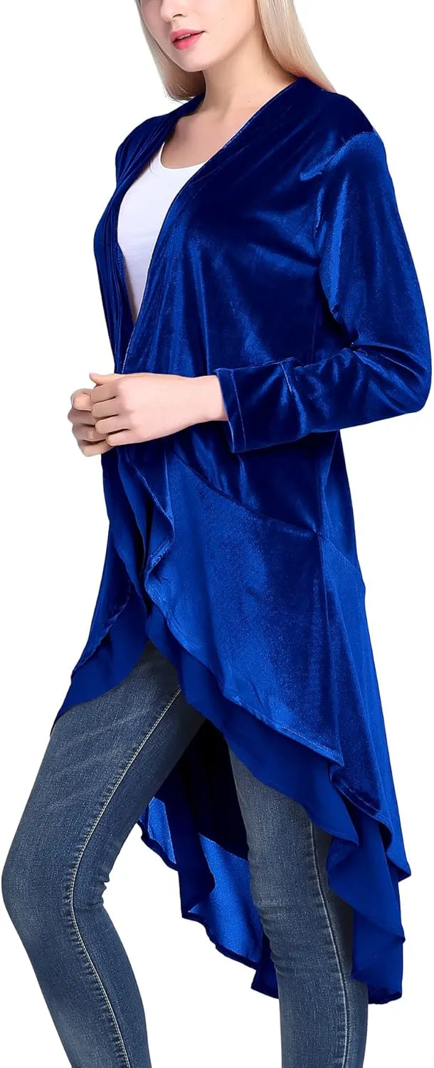 Urban CoCo Women's Long Sleeve Velvet Cardigan Coat with Asymmetric Chiffon Hem