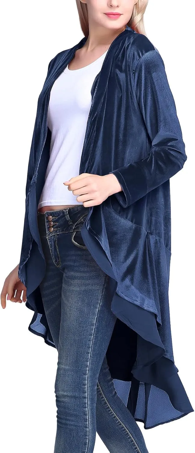 Urban CoCo Women's Long Sleeve Velvet Cardigan Coat with Asymmetric Chiffon Hem