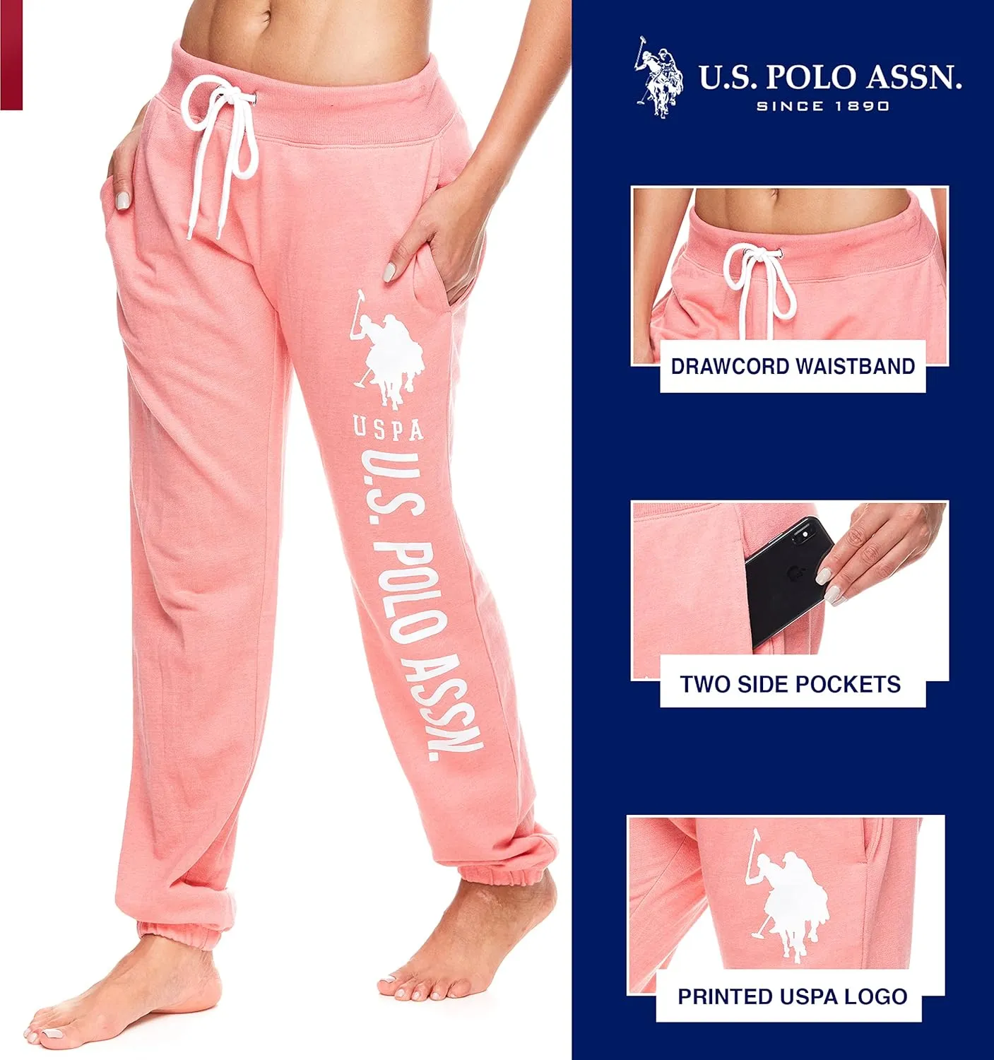 U.S. Polo Assn. Essentials Womens Sweatpants with Pockets, Comfy and Breathable French Terry Joggers for Women