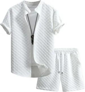 Verdusa Men's 2 Pieces Outfits Short Sleeve Button Down Shirts Textured Short Set