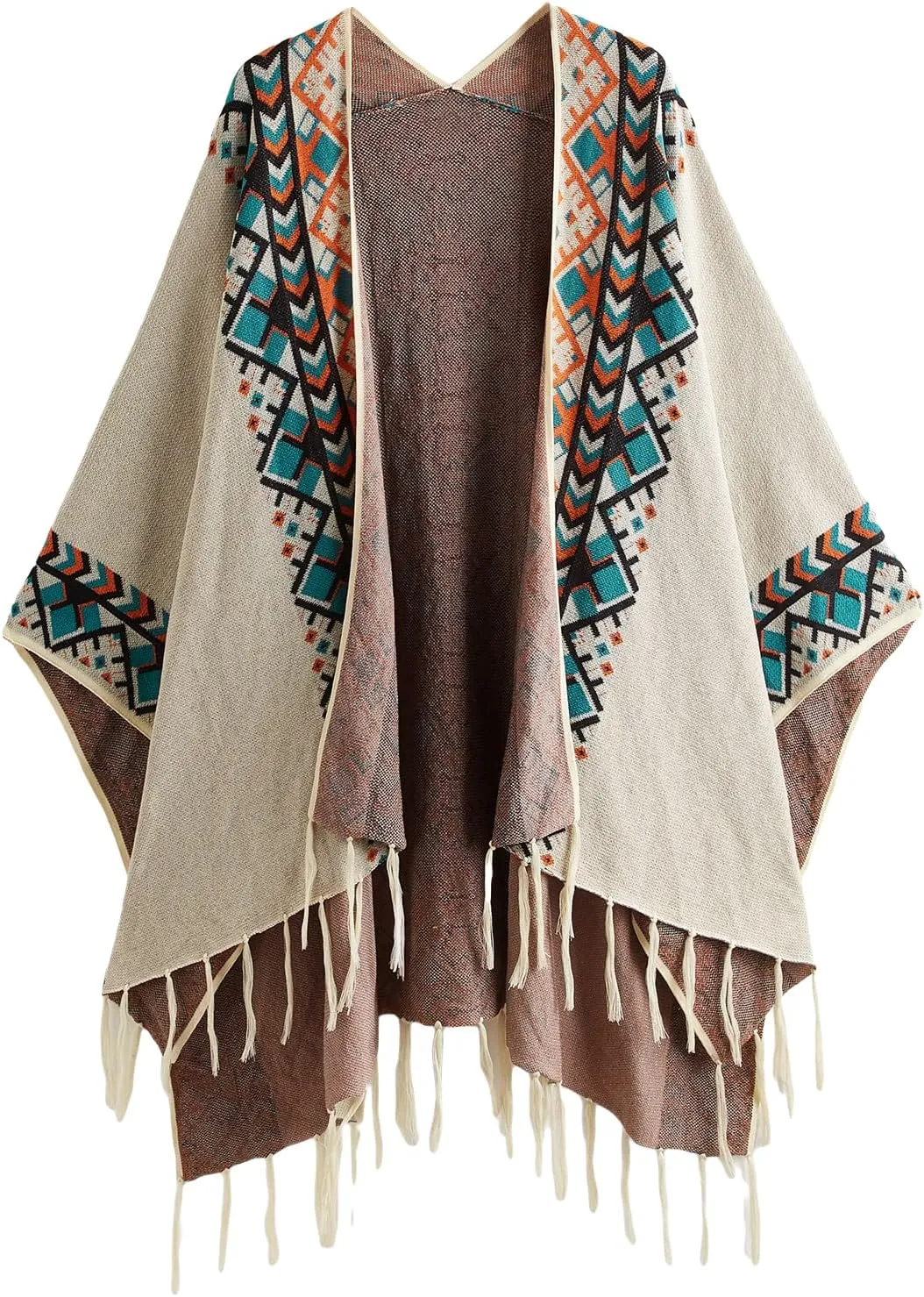 Verdusa Women's Printed Tassel Open Front Poncho Cape Cardigan Wrap Shawl