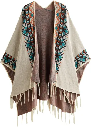 Verdusa Women's Printed Tassel Open Front Poncho Cape Cardigan Wrap Shawl