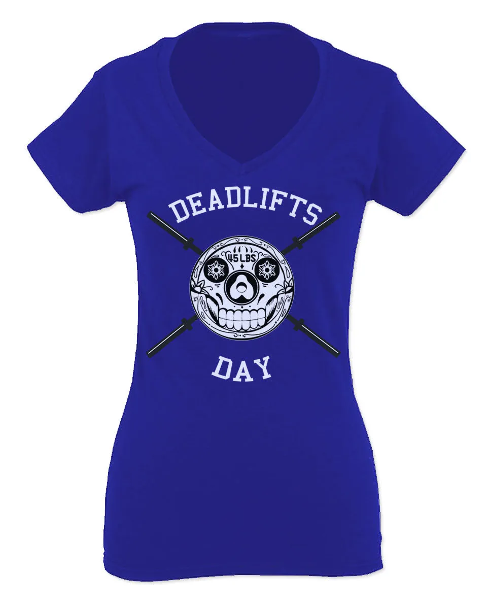 VICES AND VIRTUESS Front Graphic Skull Deadlifts Day Fitness Gym Tough Workout For Women V neck fitted T Shirt