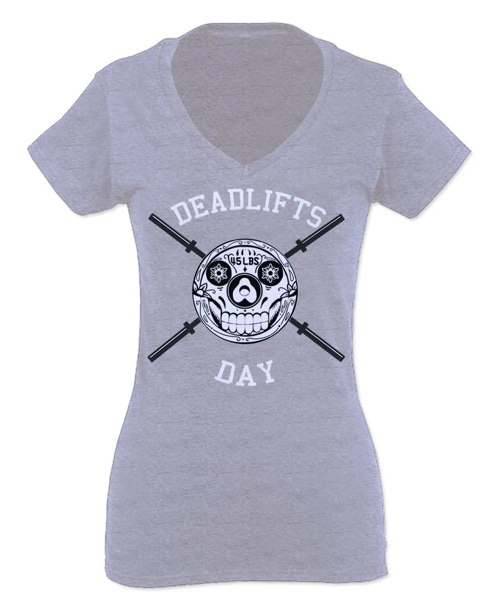 VICES AND VIRTUESS Front Graphic Skull Deadlifts Day Fitness Gym Tough Workout For Women V neck fitted T Shirt