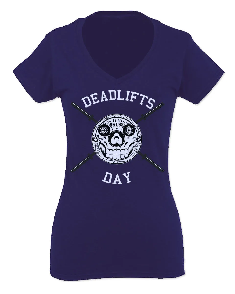 VICES AND VIRTUESS Front Graphic Skull Deadlifts Day Fitness Gym Tough Workout For Women V neck fitted T Shirt