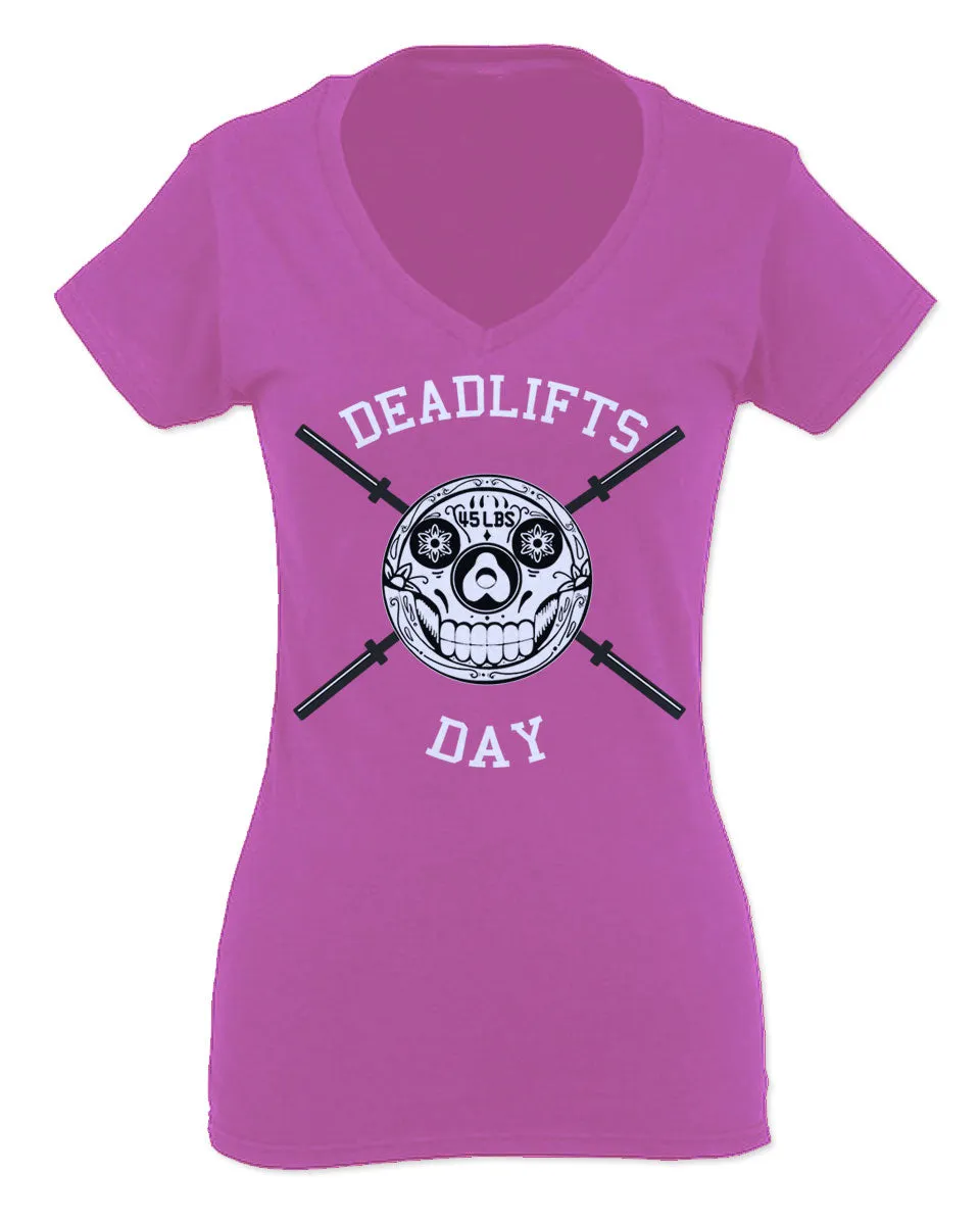 VICES AND VIRTUESS Front Graphic Skull Deadlifts Day Fitness Gym Tough Workout For Women V neck fitted T Shirt