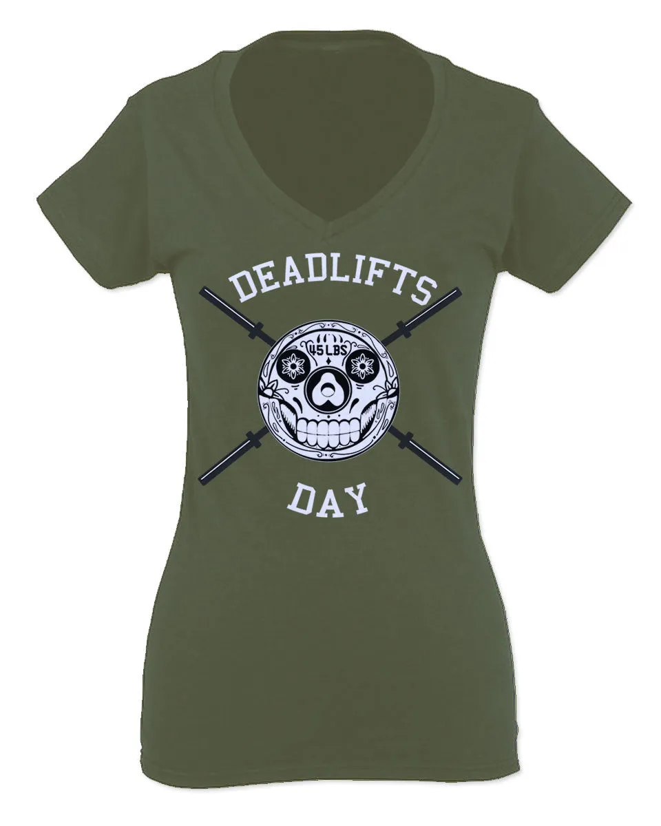 VICES AND VIRTUESS Front Graphic Skull Deadlifts Day Fitness Gym Tough Workout For Women V neck fitted T Shirt
