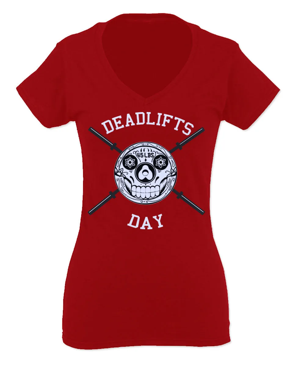 VICES AND VIRTUESS Front Graphic Skull Deadlifts Day Fitness Gym Tough Workout For Women V neck fitted T Shirt