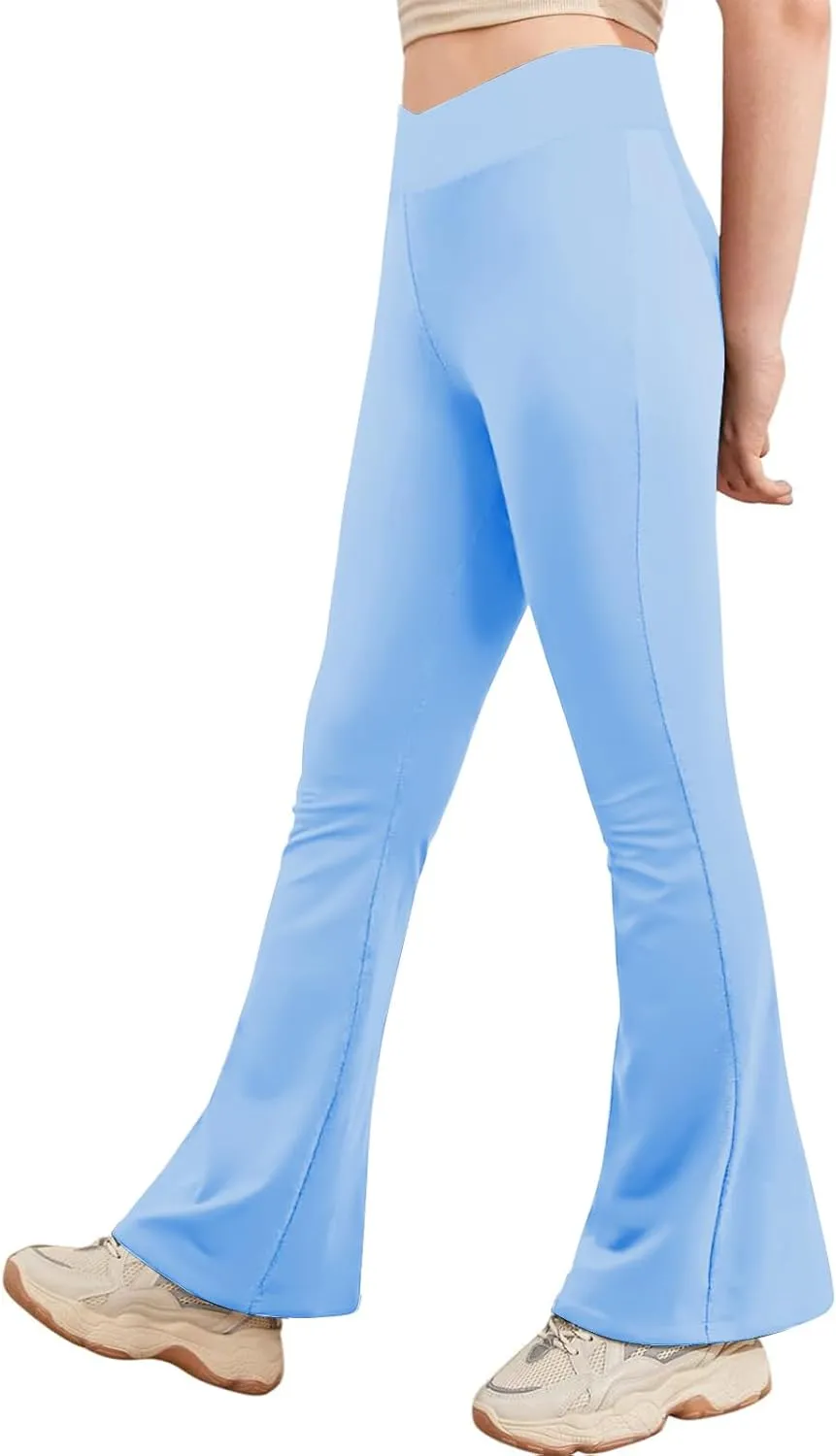 viehunt Girls Crossover High Waisted Flare Leggings Bootcut Solid Full Length Cute Yoga Pants
