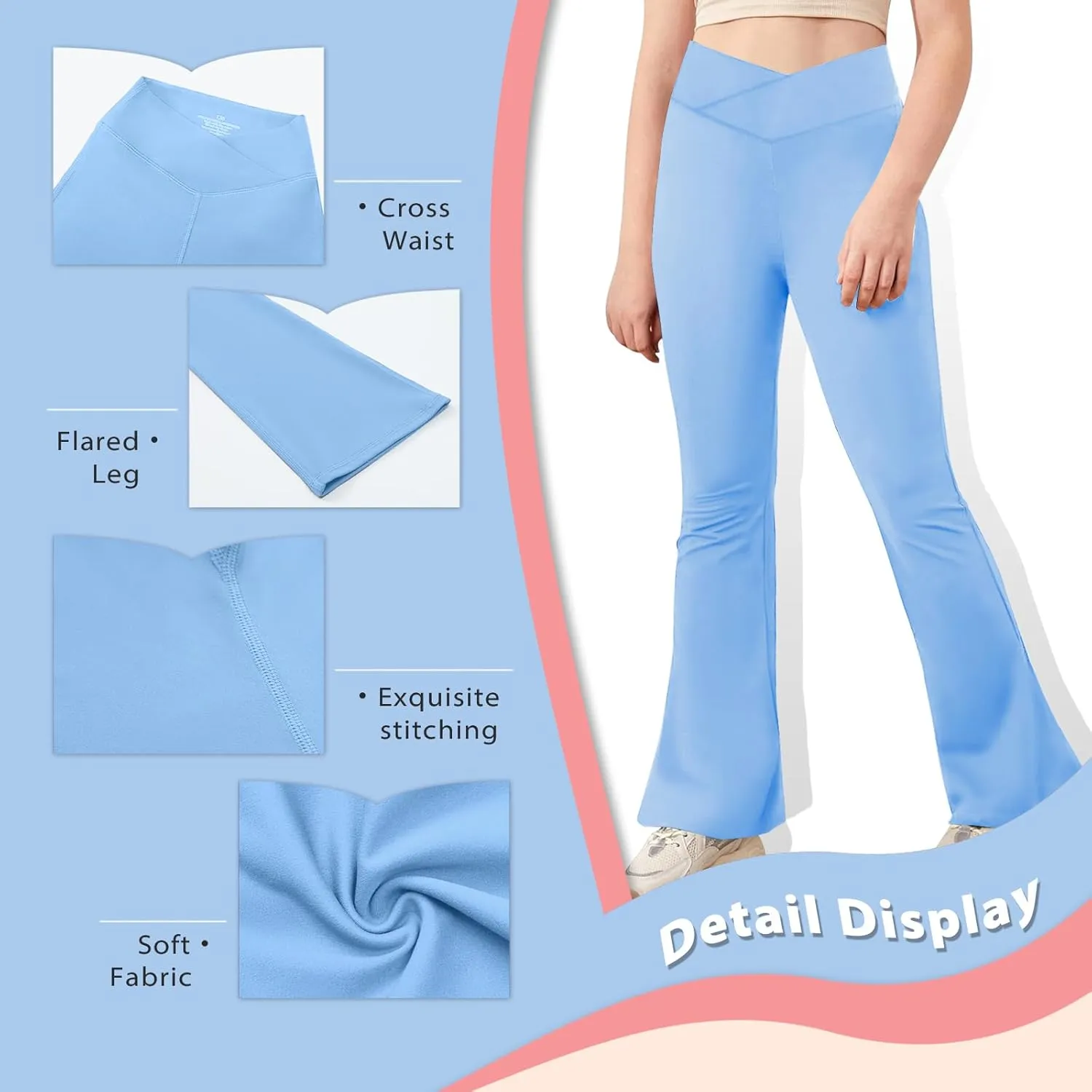 viehunt Girls Crossover High Waisted Flare Leggings Bootcut Solid Full Length Cute Yoga Pants