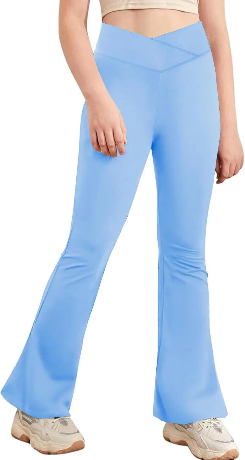 viehunt Girls Crossover High Waisted Flare Leggings Bootcut Solid Full Length Cute Yoga Pants