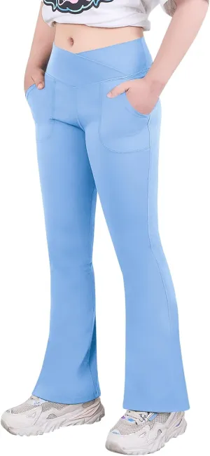 viehunt Girls High Waisted Flare Leggings Crossover Cute Wide Leg Solid Full Length Yoga Pants with Pockets