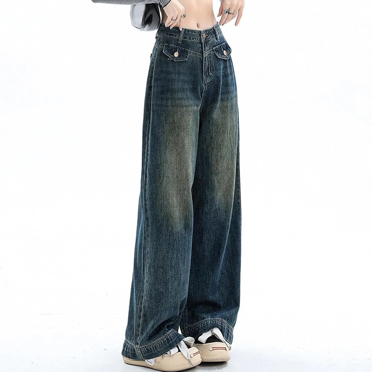 Vintage Baggy Jeans for Women High Waist Wide Leg Boyfriend Y2k Denim Pants Streetwear Hip Hop Trousers with Pockets