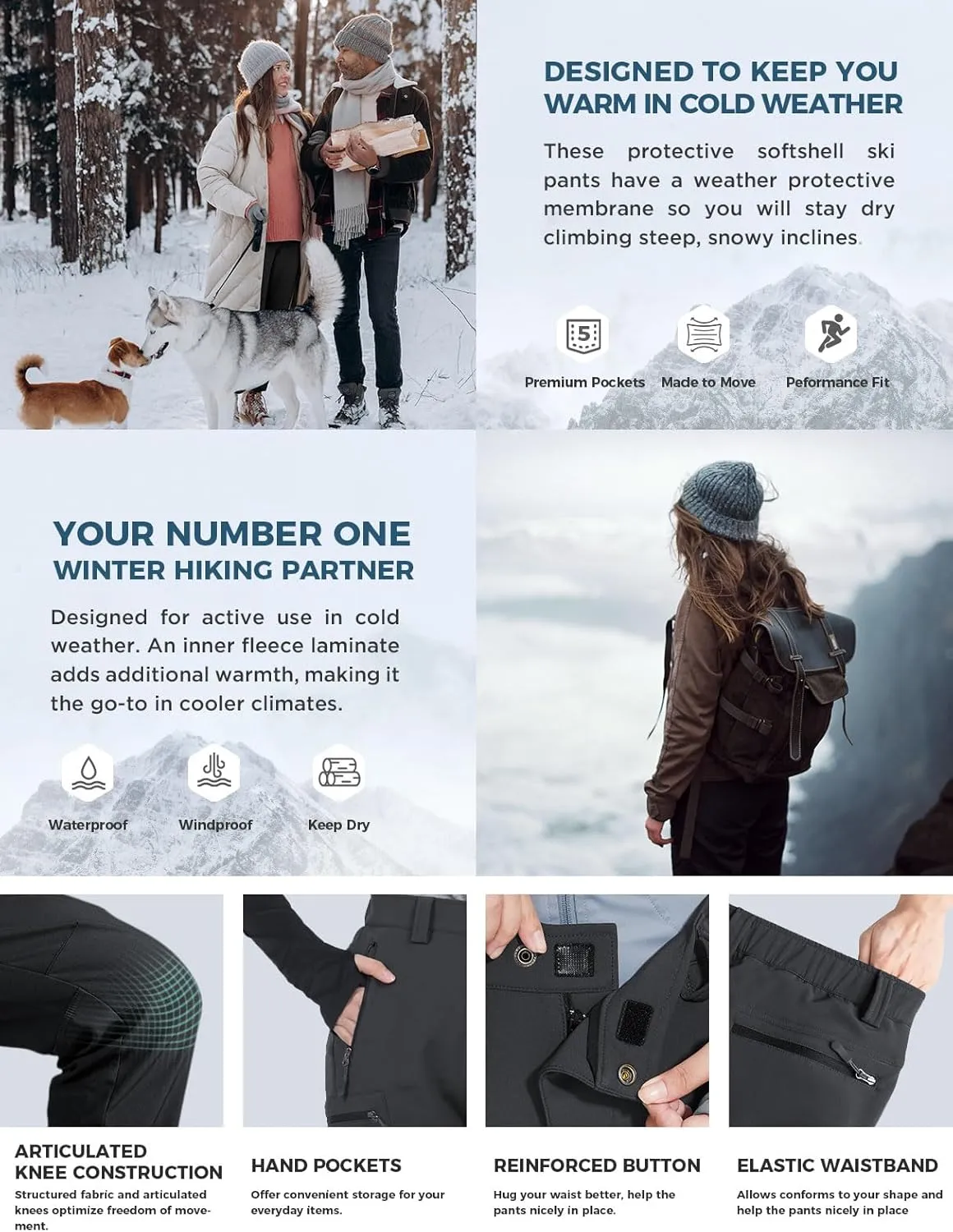 Wespornow Women's-Fleece-Lined-Hiking-Pants Snow-Ski-Pants Water-Resistance-Outdoor-Softshell-Insulated-Pants for Winter