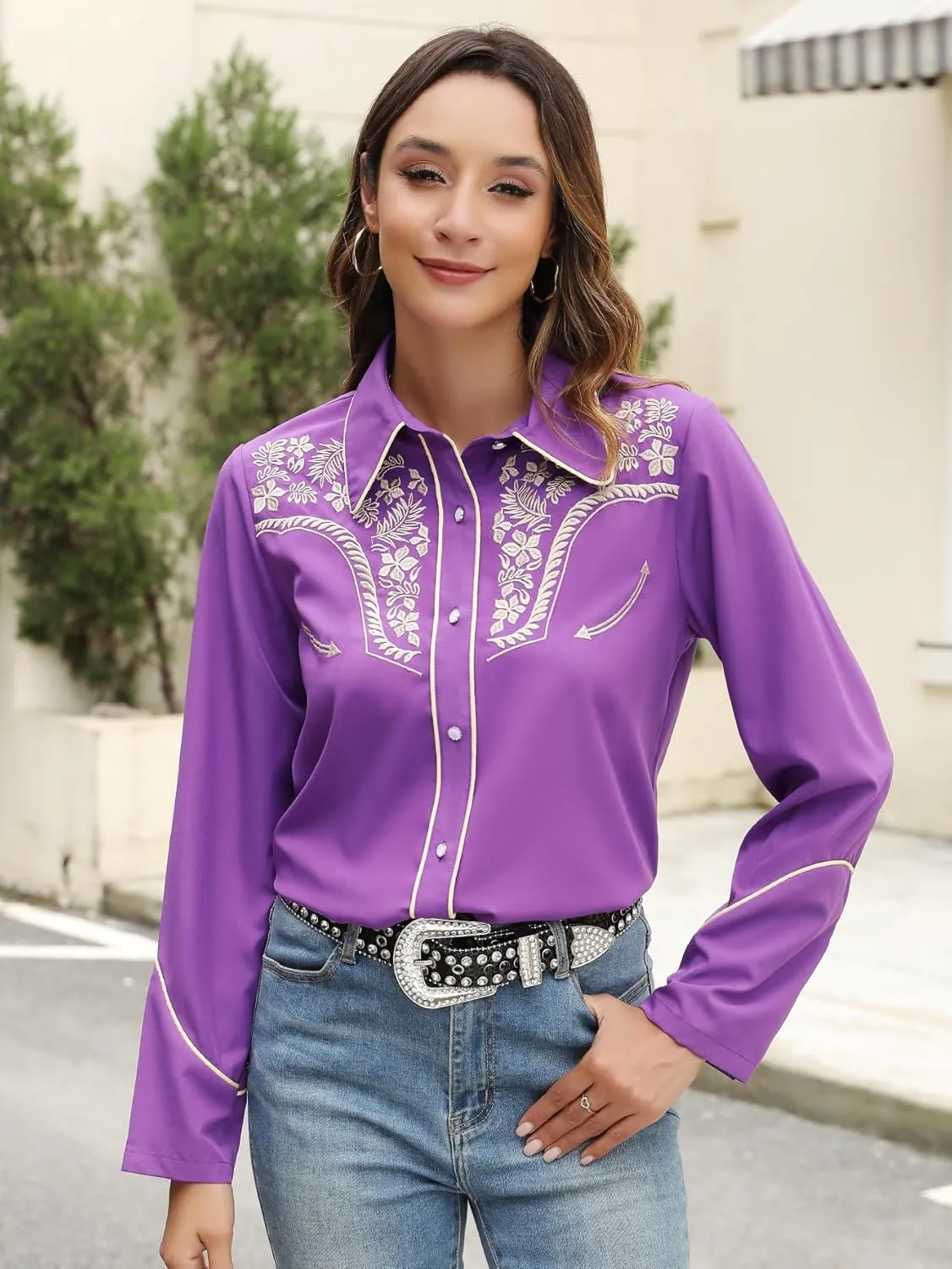Western Shirts for Women Embroidered Long Sleeve Floral Button Up Rodeo Cowgirl Show Wear Ladies Clothes