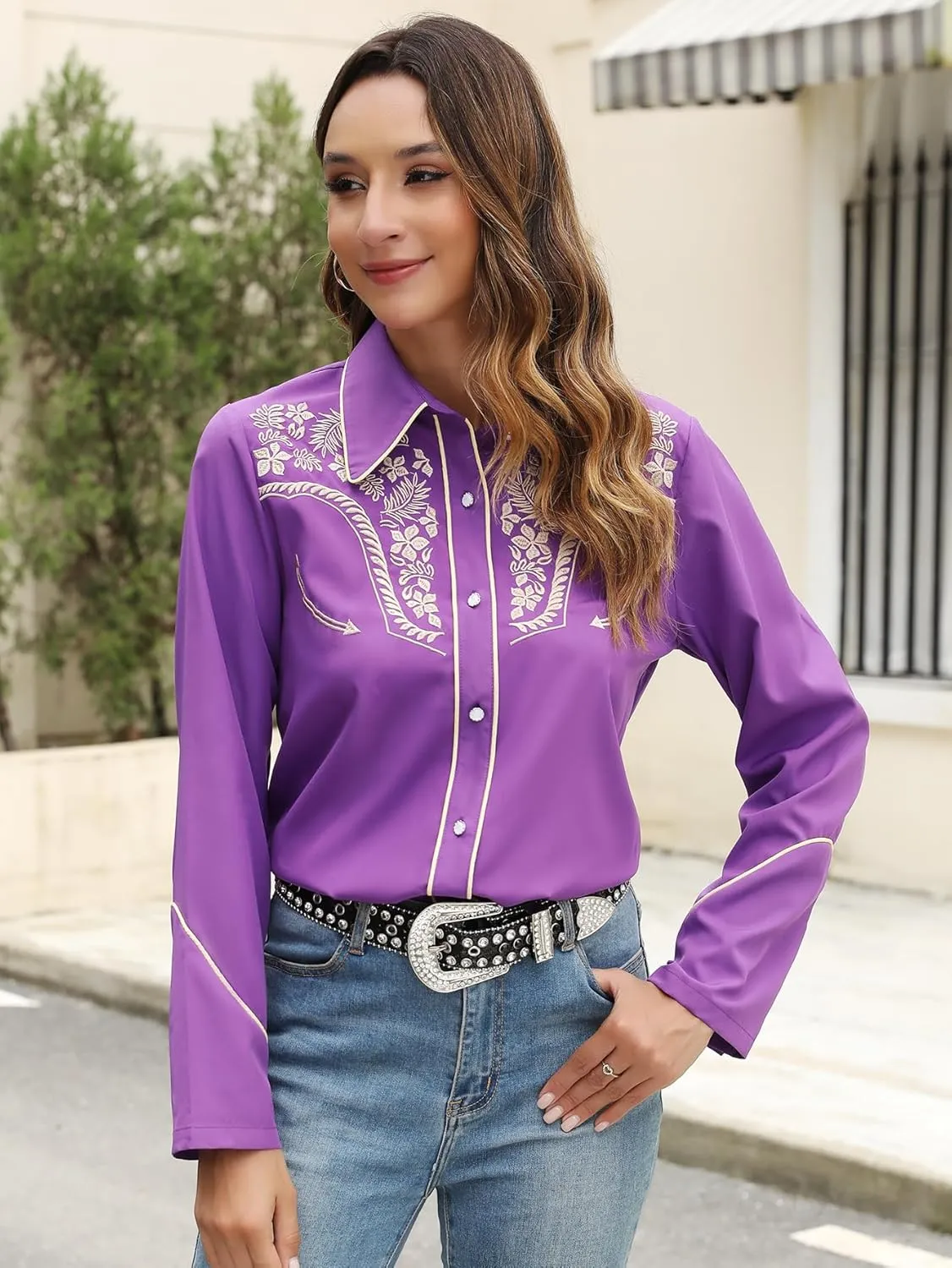Western Shirts for Women Embroidered Long Sleeve Floral Button Up Rodeo Cowgirl Show Wear Ladies Clothes