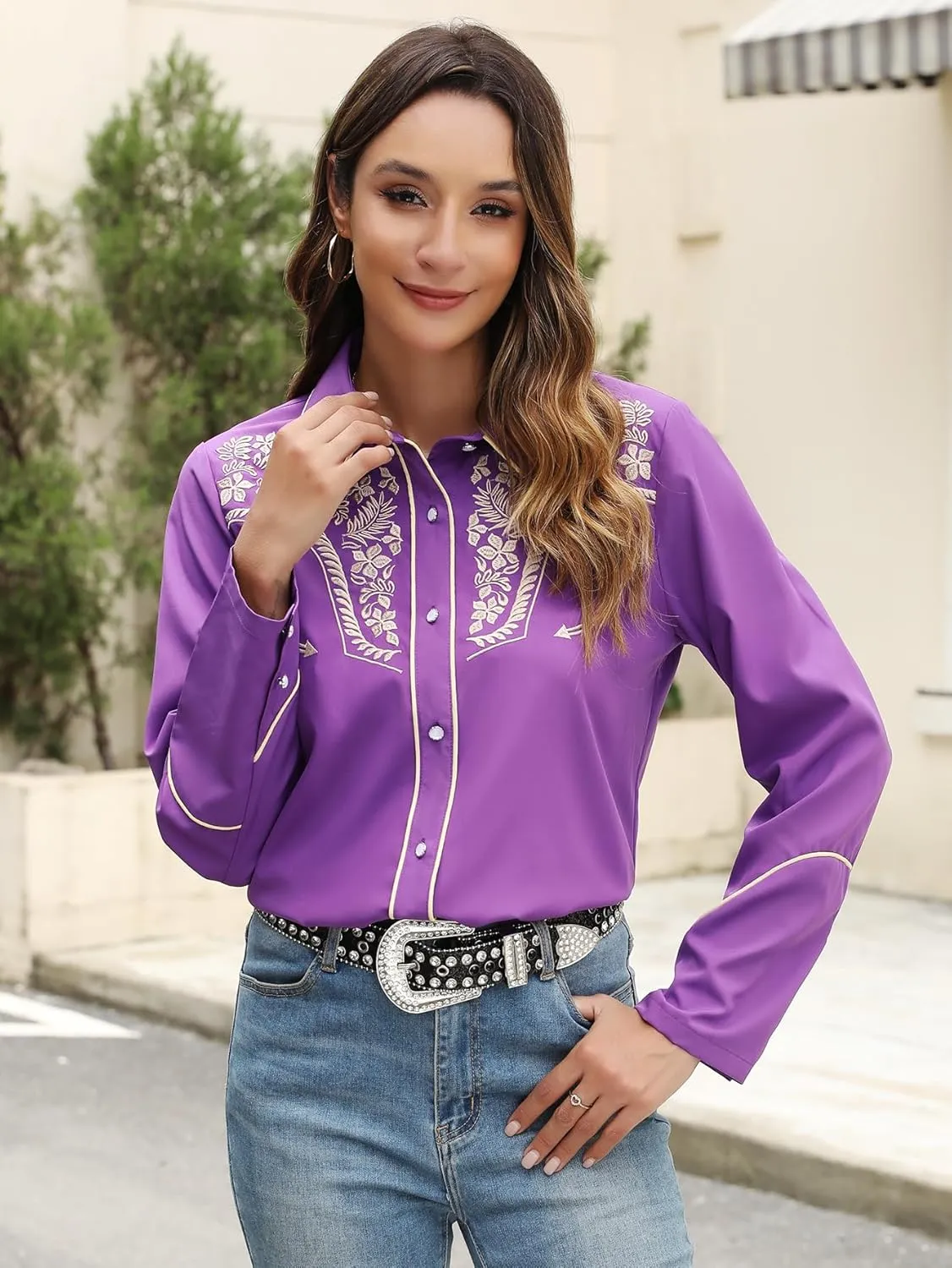 Western Shirts for Women Embroidered Long Sleeve Floral Button Up Rodeo Cowgirl Show Wear Ladies Clothes