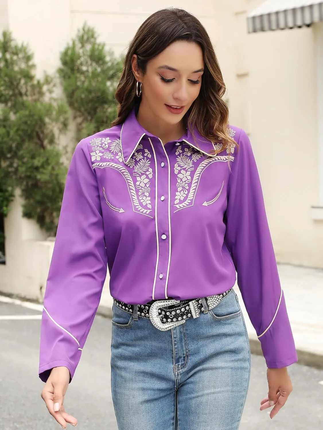 Western Shirts for Women Embroidered Long Sleeve Floral Button Up Rodeo Cowgirl Show Wear Ladies Clothes
