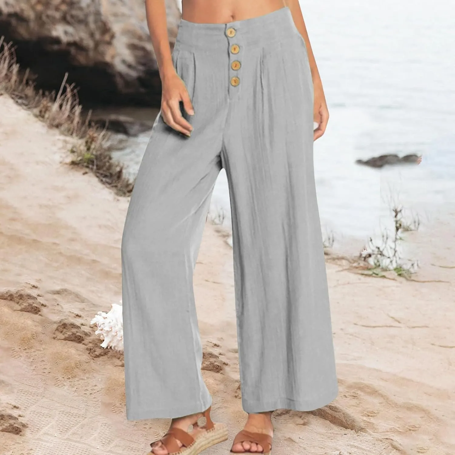 Wide Leg Linen Pants for Women Cotton Elastic Waisted Casual Loose Baggy Flowy Lounge Trousers with Pockets