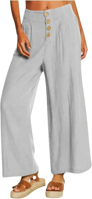 Wide Leg Linen Pants for Women Cotton Elastic Waisted Casual Loose Baggy Flowy Lounge Trousers with Pockets