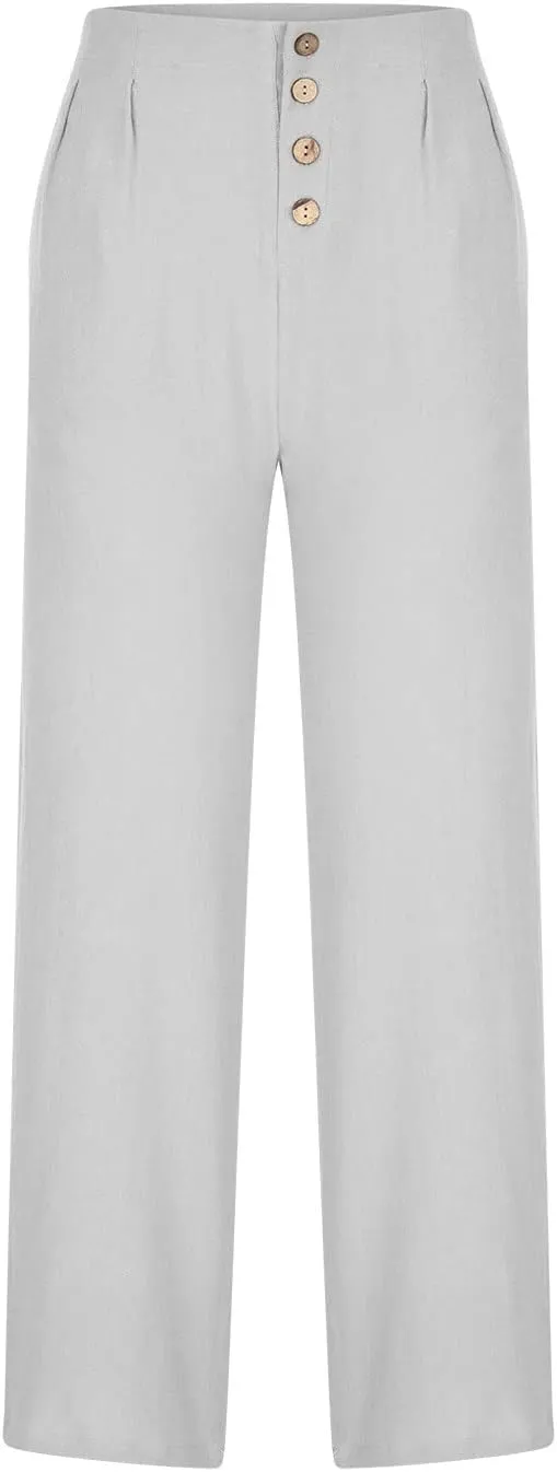 Wide Leg Linen Pants for Women Cotton Elastic Waisted Casual Loose Baggy Flowy Lounge Trousers with Pockets