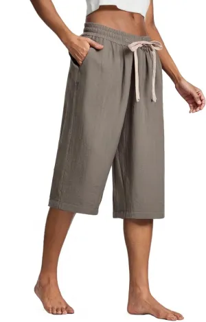 Wide Leg Linen Pants for Women Summer Capri Flowy Pants Casual Loose High Waist Trousers with Pockets