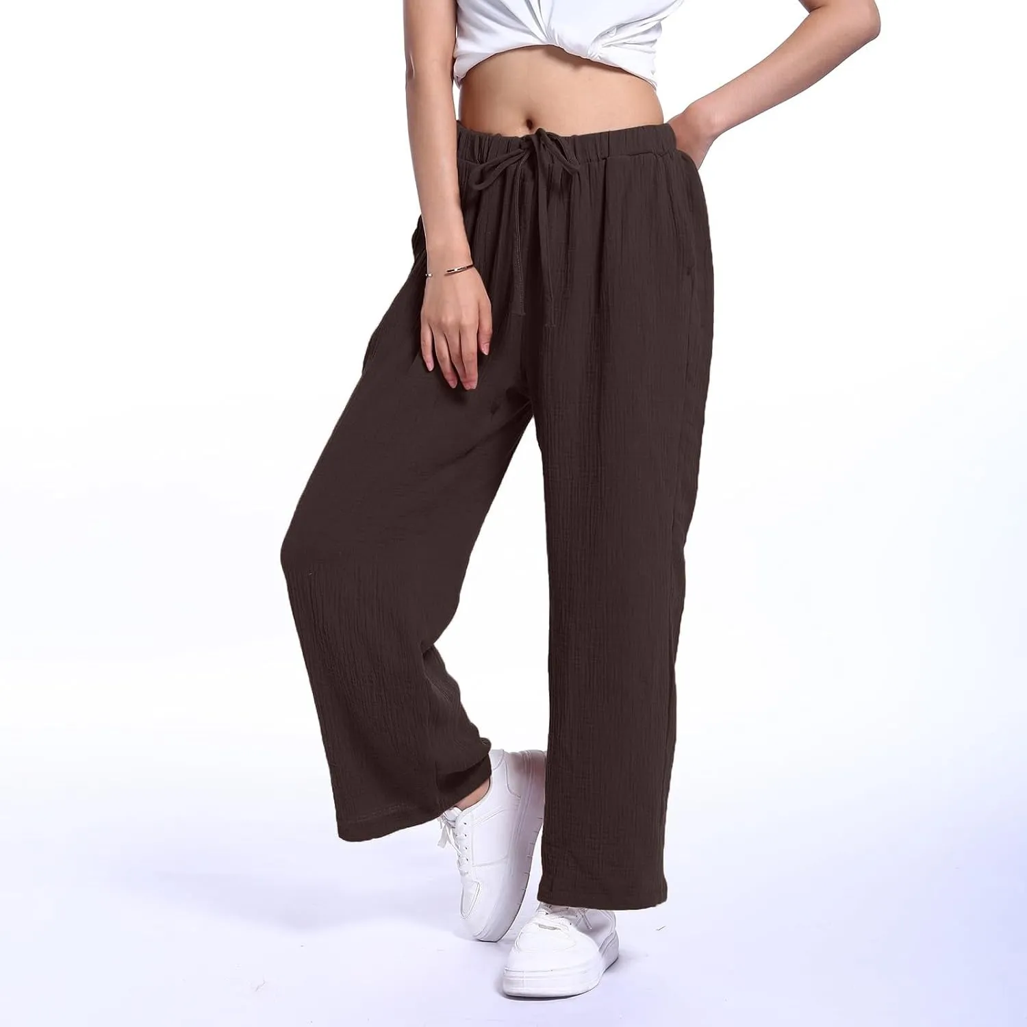 Wide Leg Pants Women Palazzo Cotton Linen Trousers Long Plus Size Lounge Slacks High Waist Summer Pants with Pockets