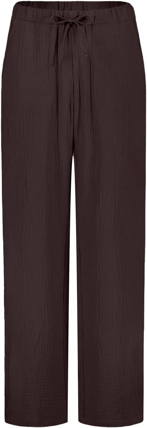 Wide Leg Pants Women Palazzo Cotton Linen Trousers Long Plus Size Lounge Slacks High Waist Summer Pants with Pockets