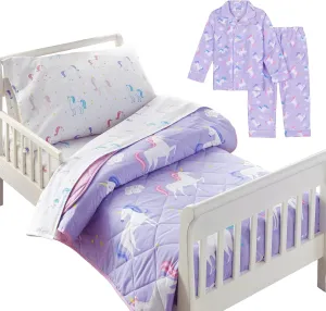 Wildkin Cotton 4 Pc Toddler Bed in a Bag Bundle with Pajama Set Size 4 (Unicorn)