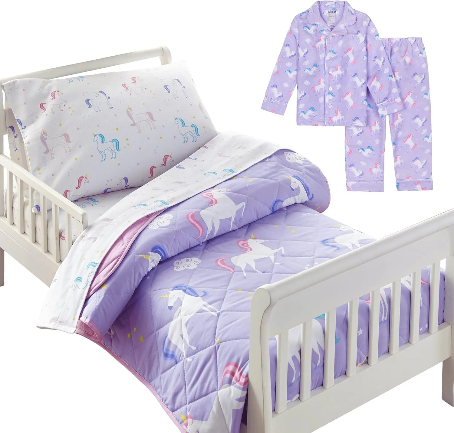 Wildkin Cotton 4 Pc Toddler Bed in a Bag Bundle with Pajama Set Size 4 (Unicorn)