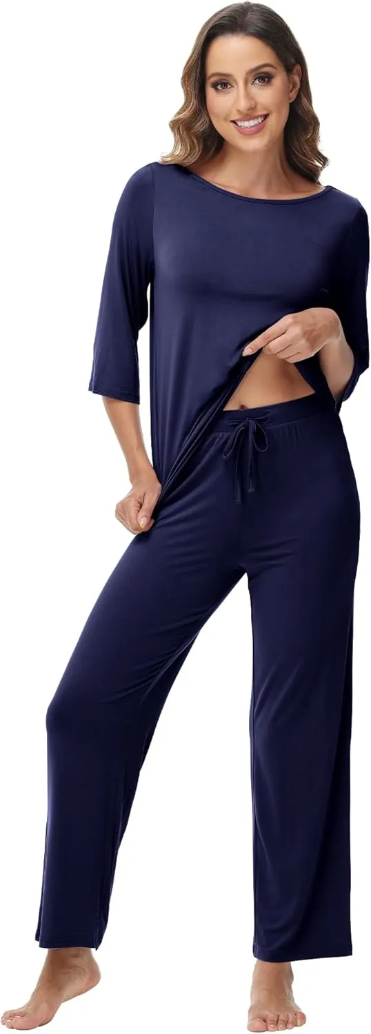 WiWi Viscose from Bamboo Womens Cute Pajamas Set 3/4 Sleeve and Crew-neck Sets with Drawstring S-XXL