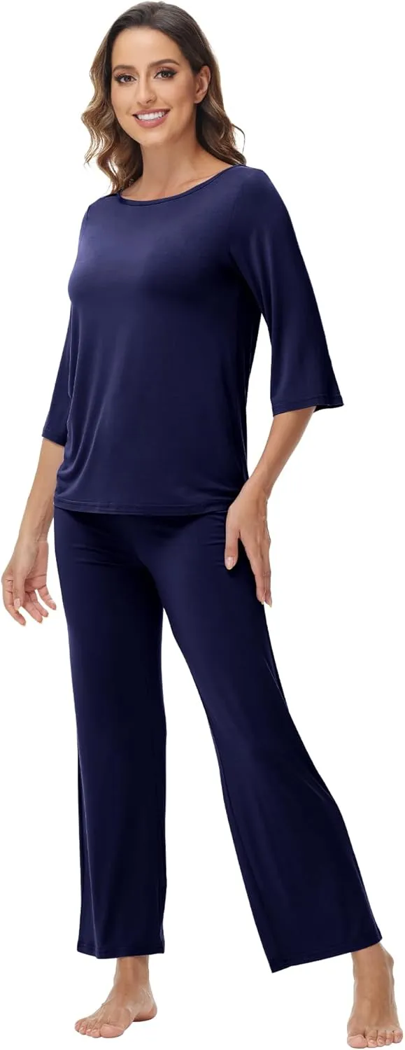 WiWi Viscose from Bamboo Womens Cute Pajamas Set 3/4 Sleeve and Crew-neck Sets with Drawstring S-XXL