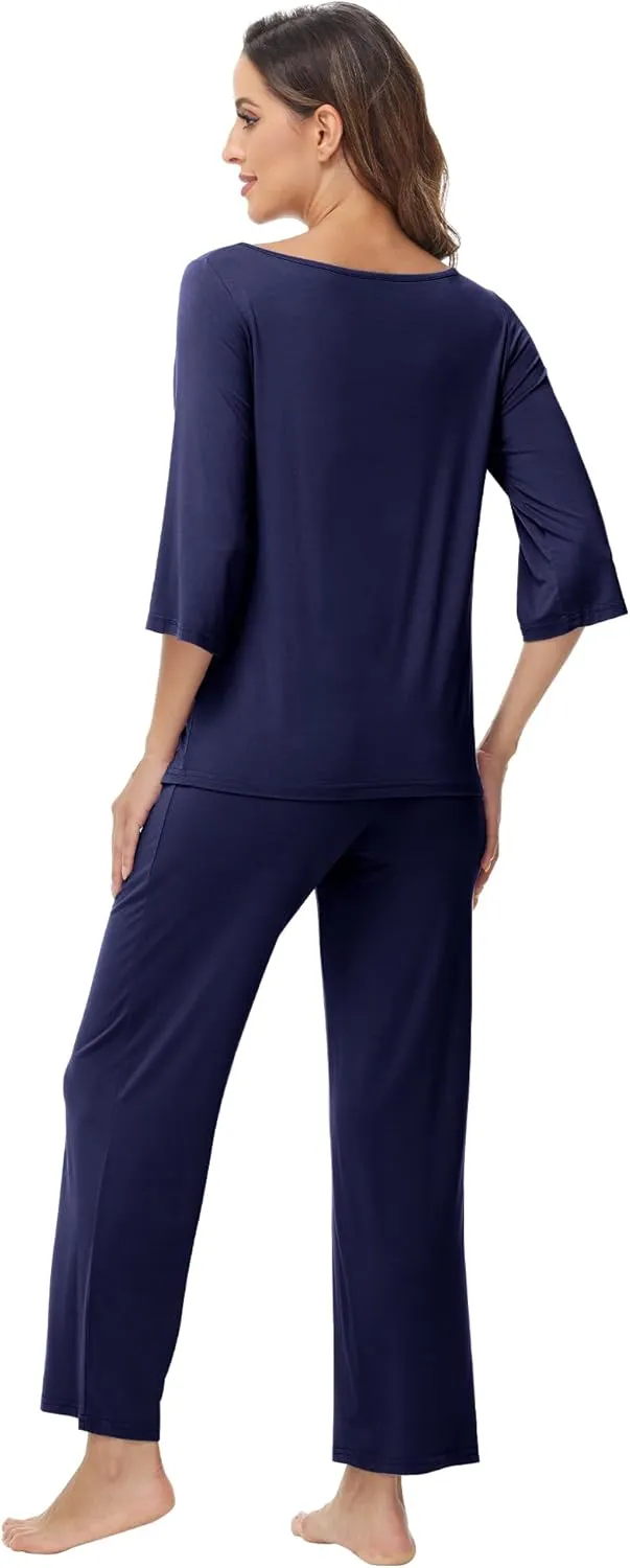 WiWi Viscose from Bamboo Womens Cute Pajamas Set 3/4 Sleeve and Crew-neck Sets with Drawstring S-XXL