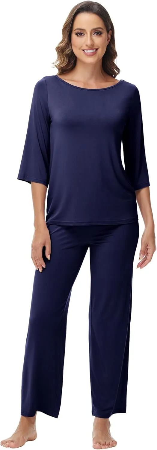 WiWi Viscose from Bamboo Womens Cute Pajamas Set 3/4 Sleeve and Crew-neck Sets with Drawstring S-XXL