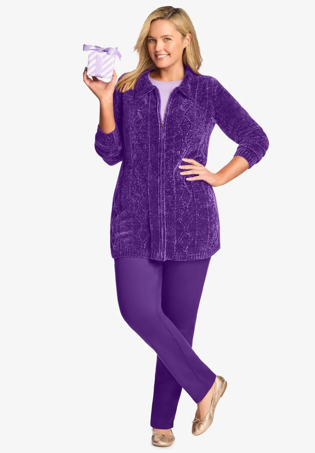 Woman Within Plus Size Chenille Zip Cable Cardigan