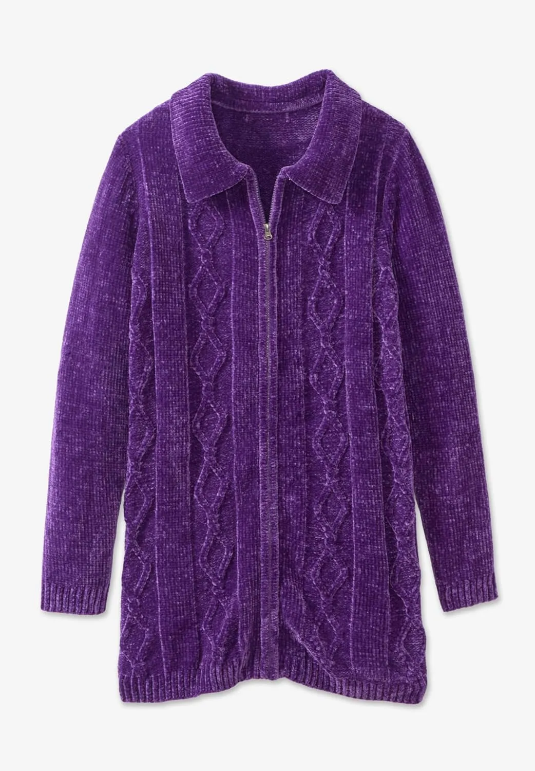 Woman Within Plus Size Chenille Zip Cable Cardigan