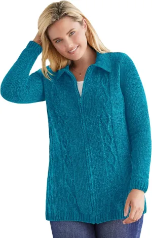 Woman Within Plus Size Chenille Zip Cable Cardigan